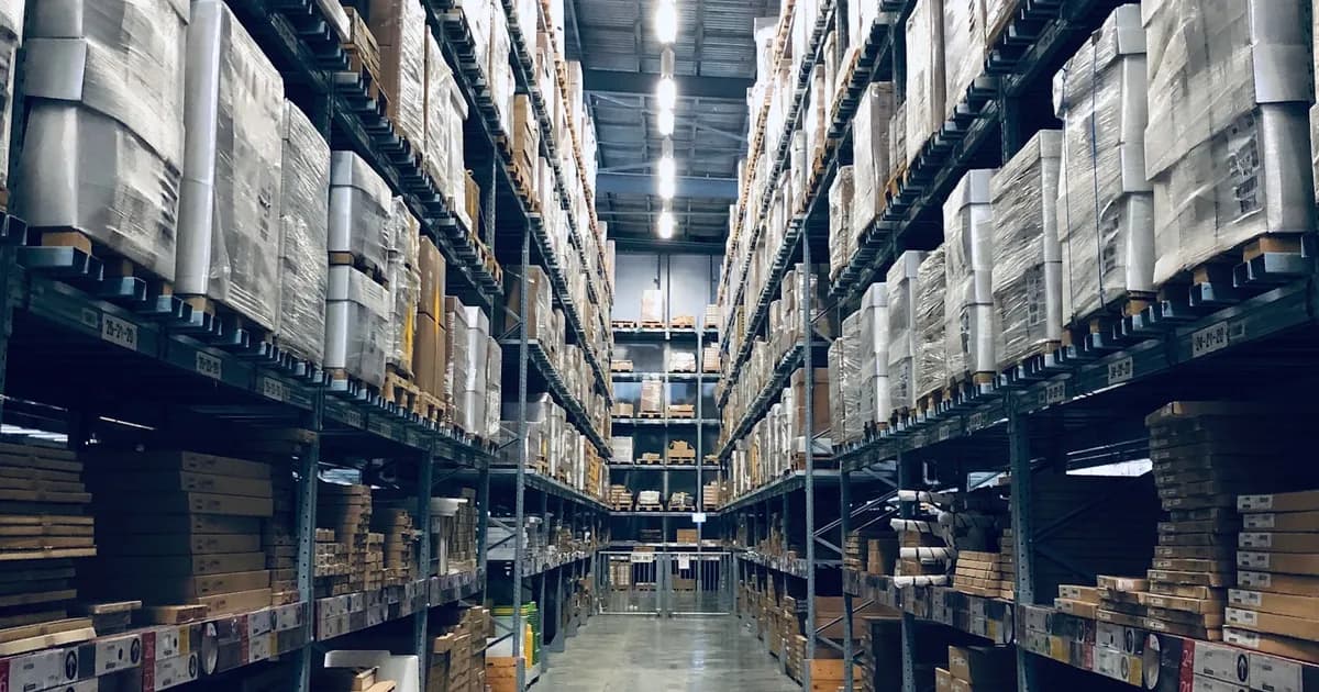 Warehouse shelves with product labels